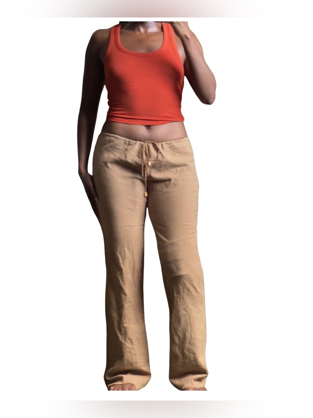 Y2K Wet Seal Low Rise Brown Linen Flare Pants Drawstring Beach Boho Hippie
